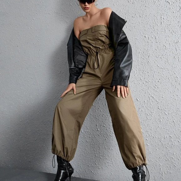 . Pants - Army Green Boho Womens Drawstring Waist Tube Parachute Jumpsuit